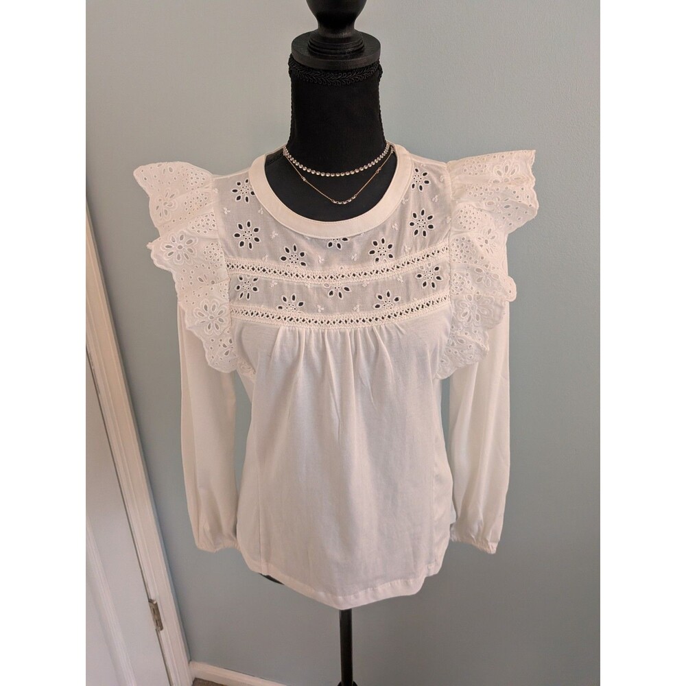 J. Crew Top Womens S Long Sleeve Eyelet Ruffle Cotton Pullover Blue Peasant New
